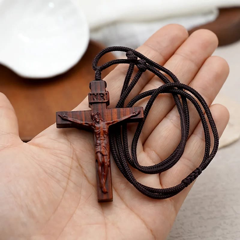 Wooden Jesus Crucifix Pendant Necklace