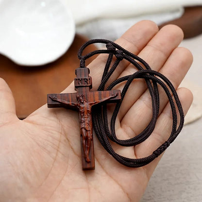 Wooden Jesus Crucifix Pendant Necklace