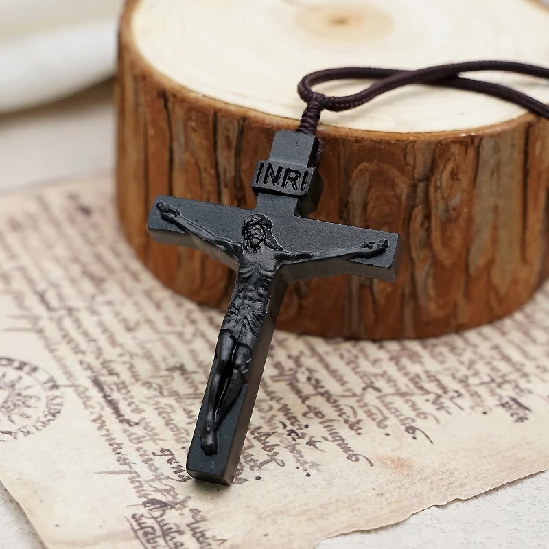 Wooden Jesus Crucifix Pendant Necklace