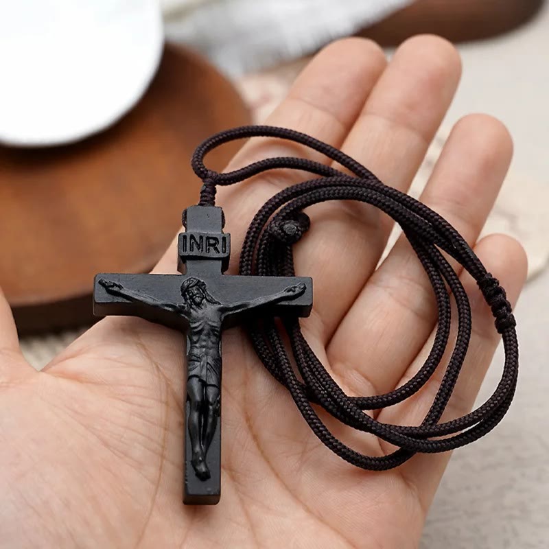 Wooden Jesus Crucifix Pendant Necklace