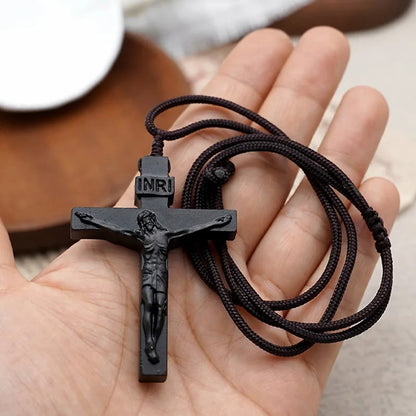 Wooden Jesus Crucifix Pendant Necklace