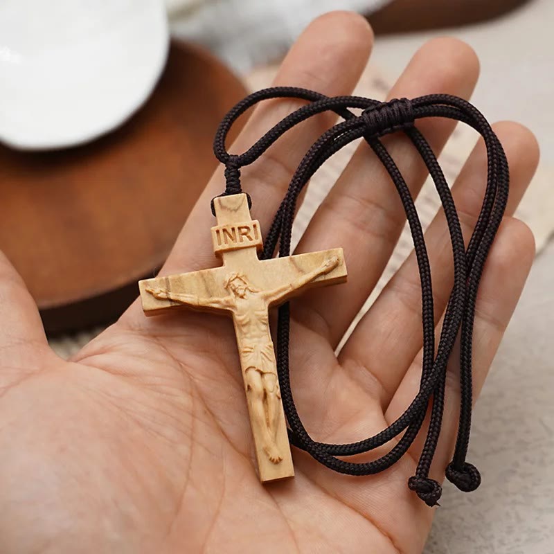 Wooden Jesus Crucifix Pendant Necklace