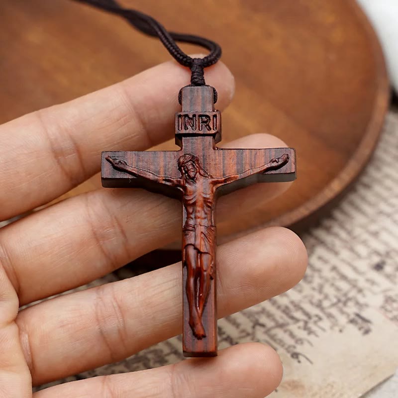 Wooden Jesus Crucifix Pendant Necklace