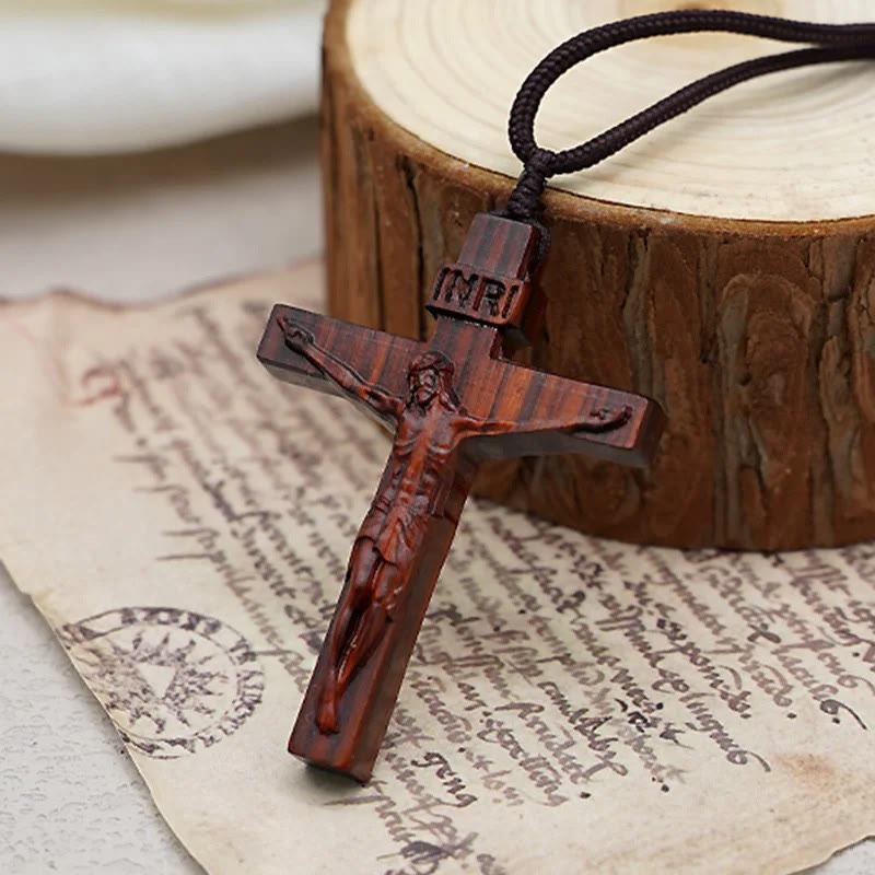 Wooden Jesus Crucifix Pendant Necklace