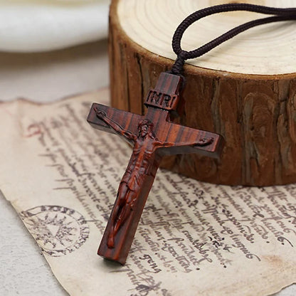 Wooden Jesus Crucifix Pendant Necklace