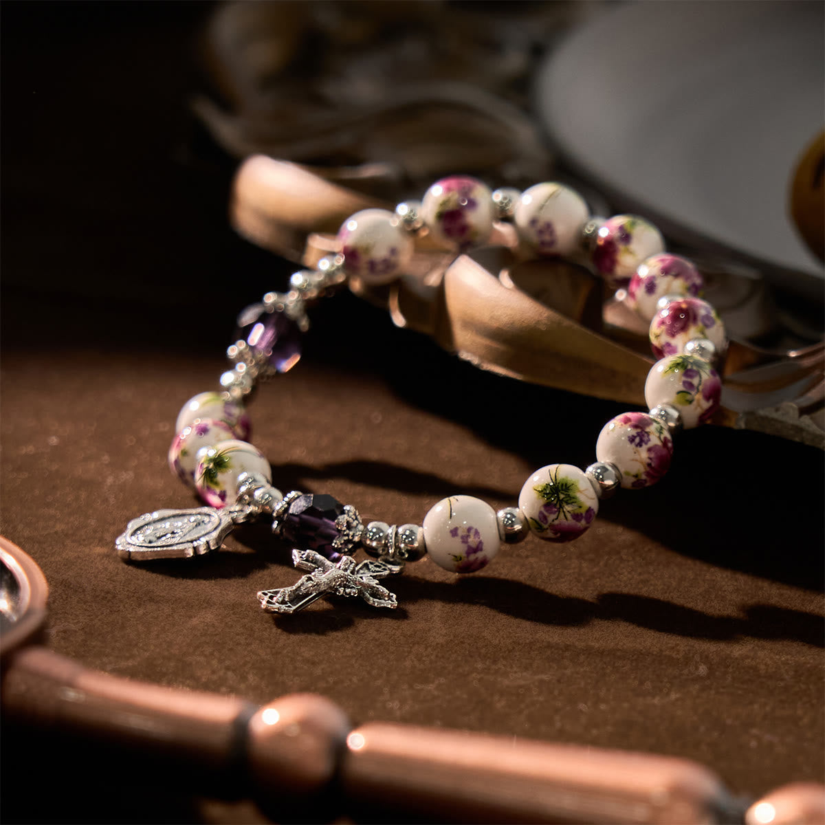 Floral Ceramic Miraculous Medal Bracelet