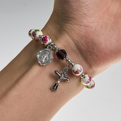 Floral Ceramic Miraculous Medal Bracelet