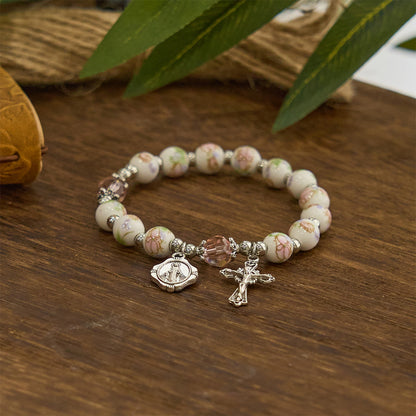 Floral Ceramic Miraculous Medal Bracelet