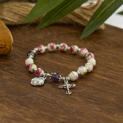 Floral Ceramic Miraculous Medal Bracelet