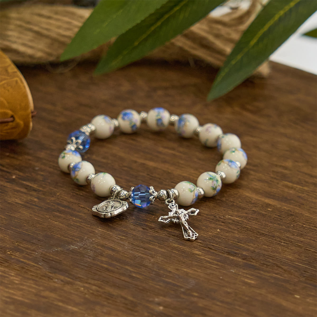 Floral Ceramic Miraculous Medal Bracelet