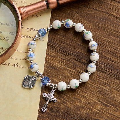 Floral Ceramic Miraculous Medal Bracelet