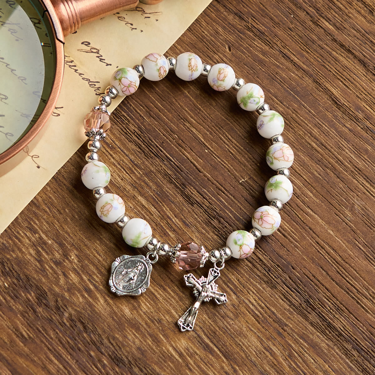 Floral Ceramic Miraculous Medal Bracelet