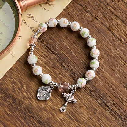 Floral Ceramic Miraculous Medal Bracelet