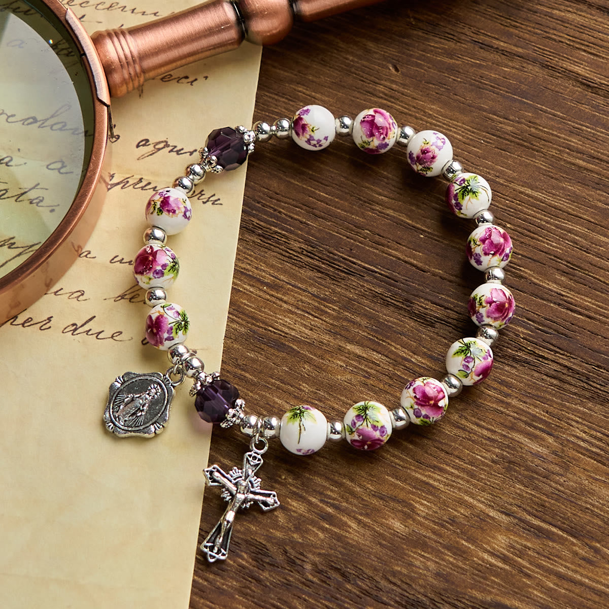 Floral Ceramic Miraculous Medal Bracelet