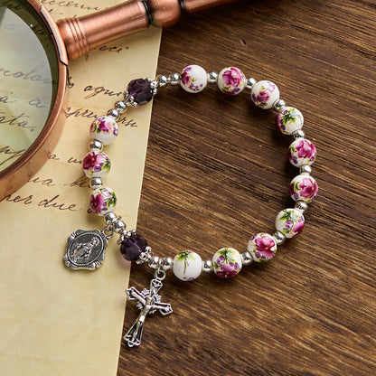 Floral Ceramic Miraculous Medal Bracelet