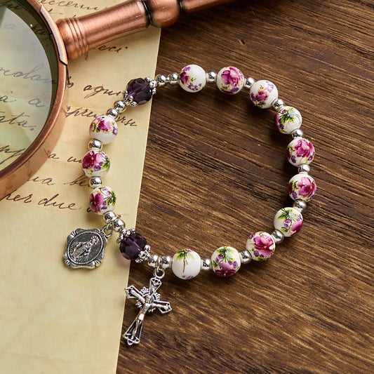 Floral Ceramic Miraculous Medal Bracelet