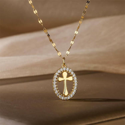 Oval Cross Necklace with Crystal Halo