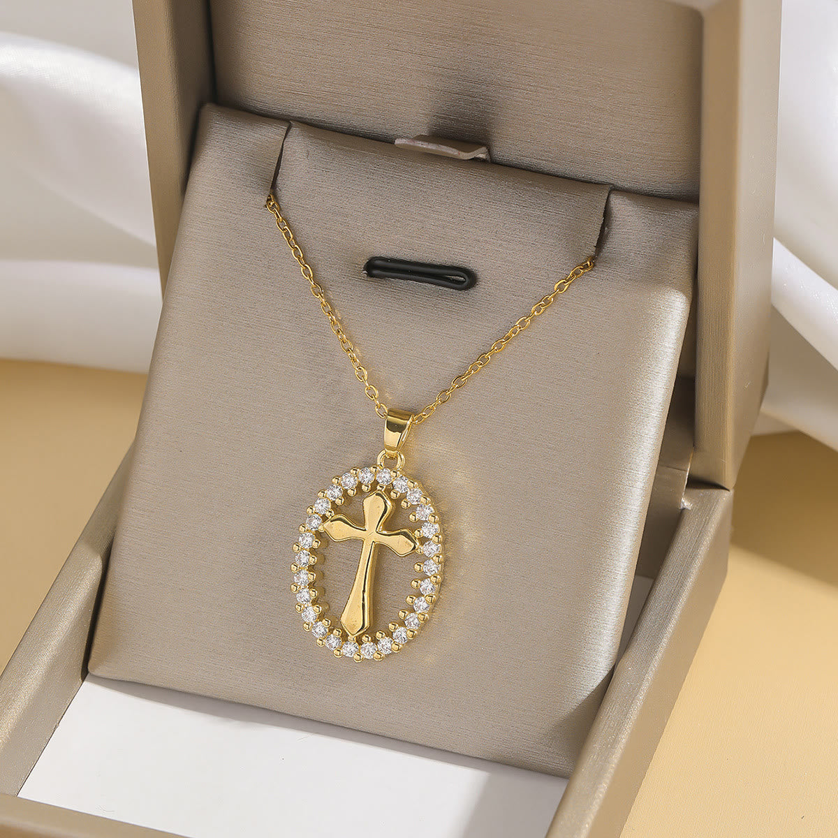 Oval Cross Necklace with Crystal Halo