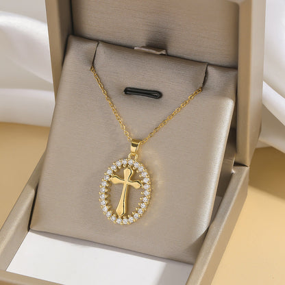 Oval Cross Necklace with Crystal Halo
