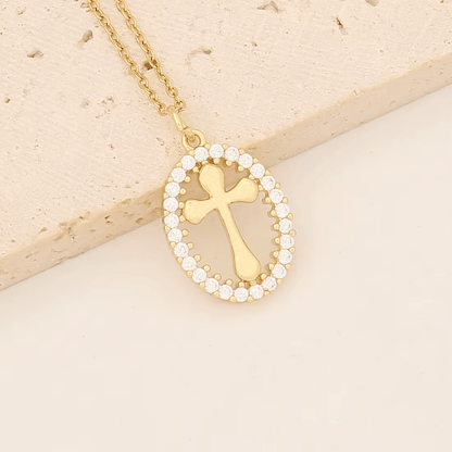 Oval Cross Necklace with Crystal Halo