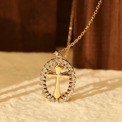 Oval Cross Necklace with Crystal Halo