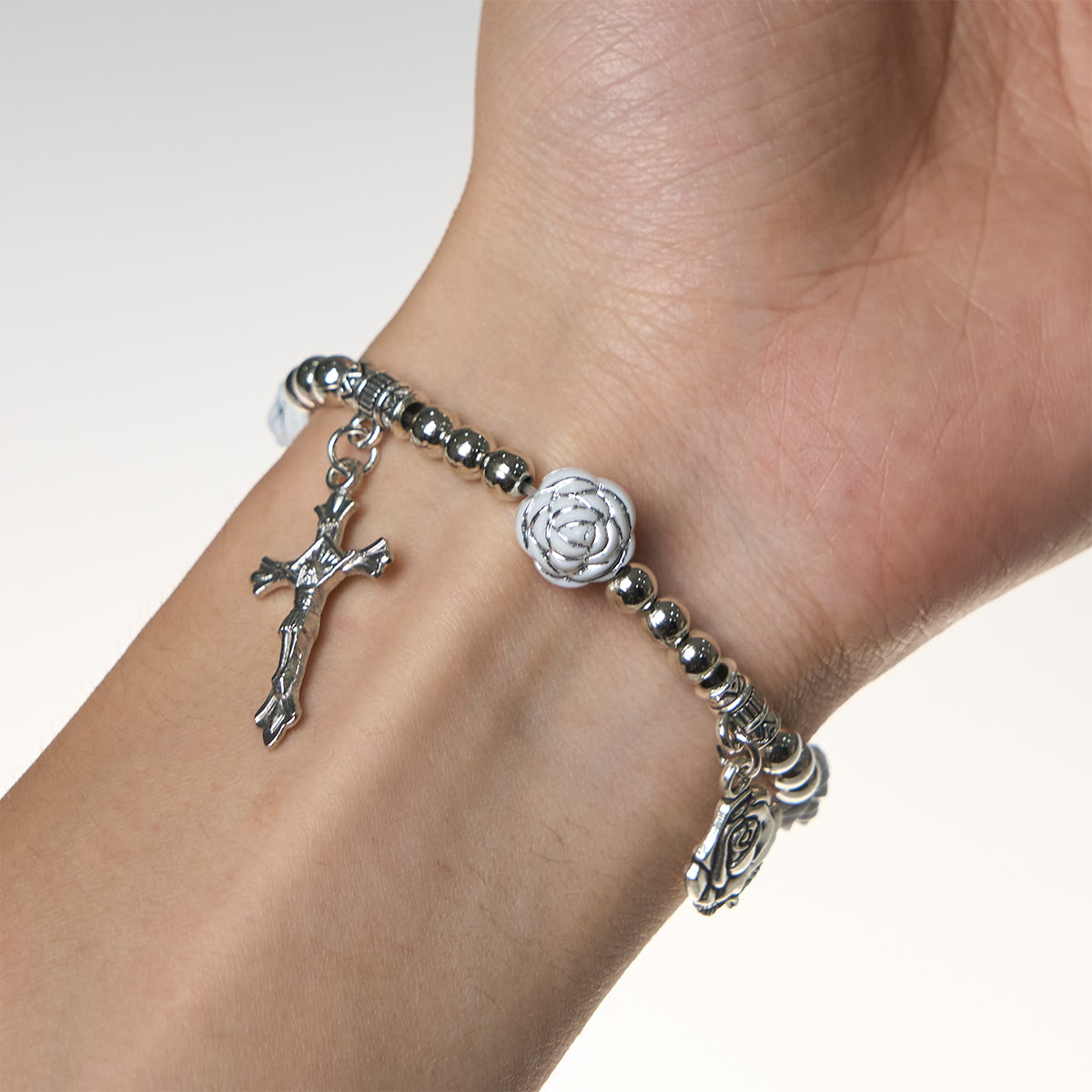 White Rose Rosary & Bracelet Set