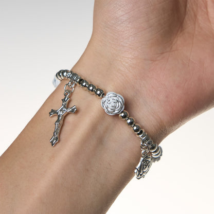 White Rose Rosary & Bracelet Set