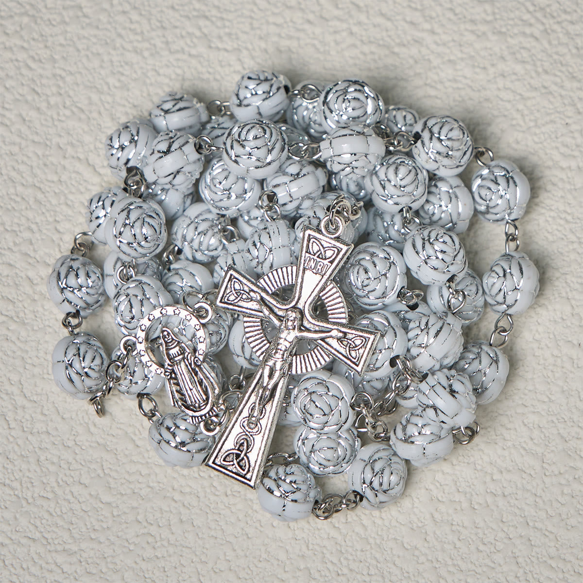 White Rose Rosary & Bracelet Set