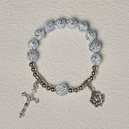 White Rose Rosary & Bracelet Set