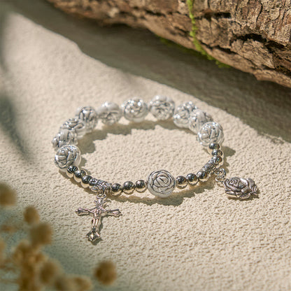White Rose Rosary & Bracelet Set
