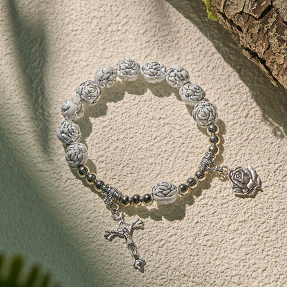 White Rose Rosary & Bracelet Set