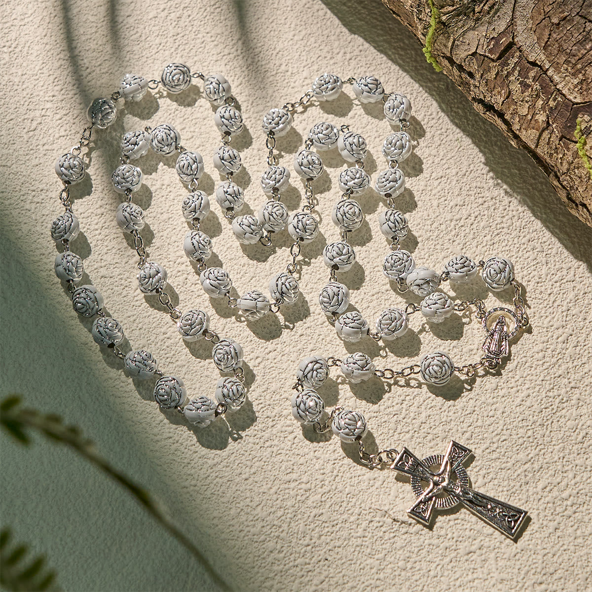 White Rose Rosary & Bracelet Set