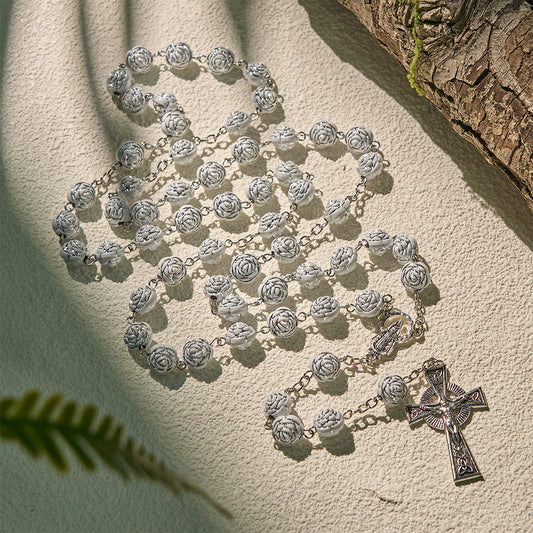 White Rose Rosary & Bracelet Set