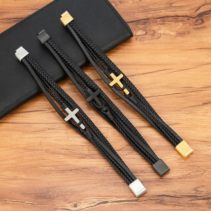 Tri-Color Cross & Leather Bracelet