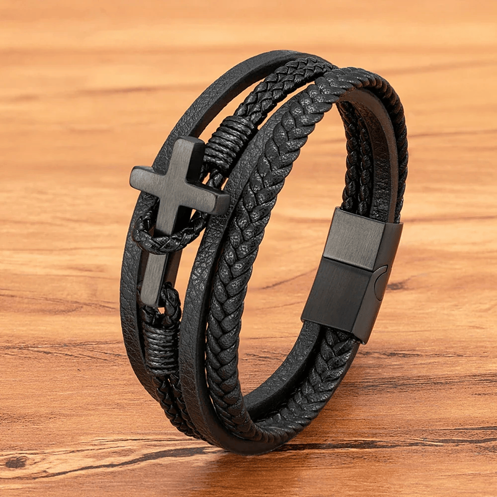 Tri-Color Cross & Leather Bracelet