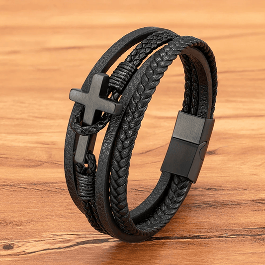 Tri-Color Cross & Leather Bracelet