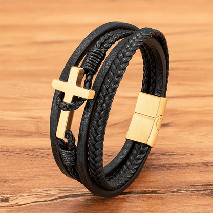 Tri-Color Cross & Leather Bracelet