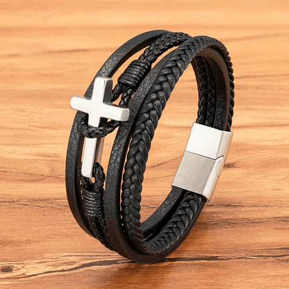Tri-Color Cross & Leather Bracelet