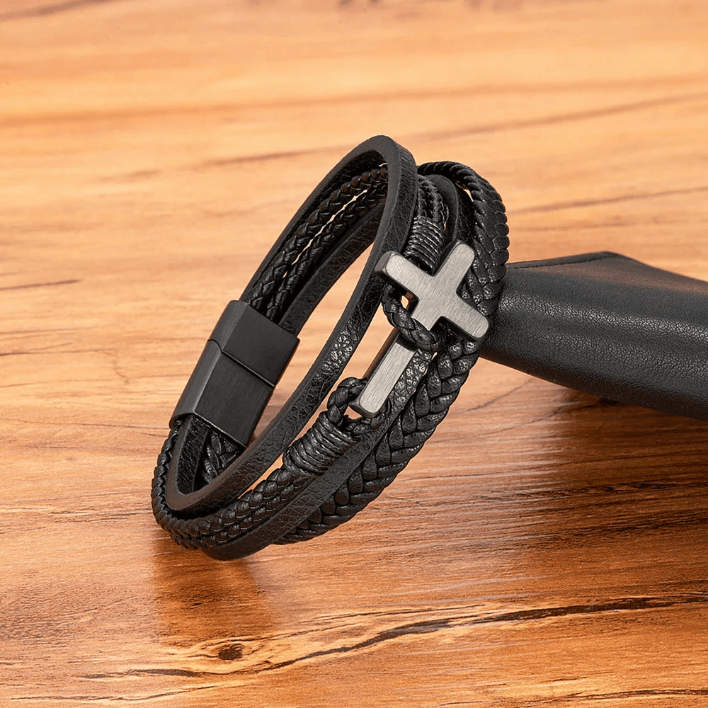 Tri-Color Cross & Leather Bracelet