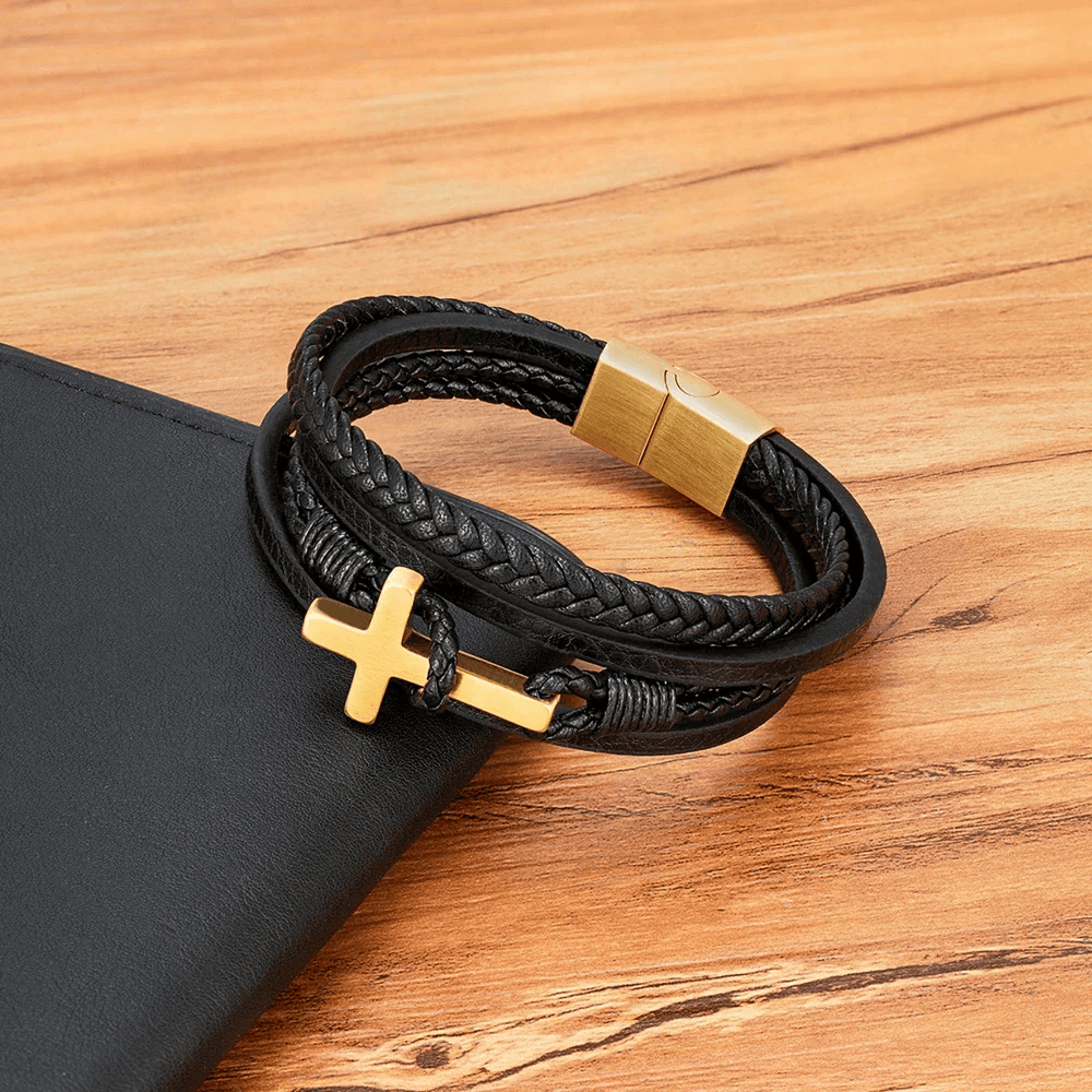 Tri-Color Cross & Leather Bracelet