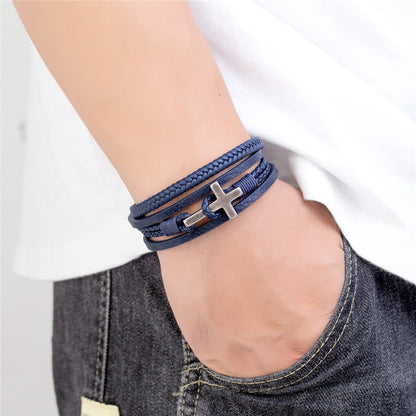 Tri-Color Cross & Leather Bracelet
