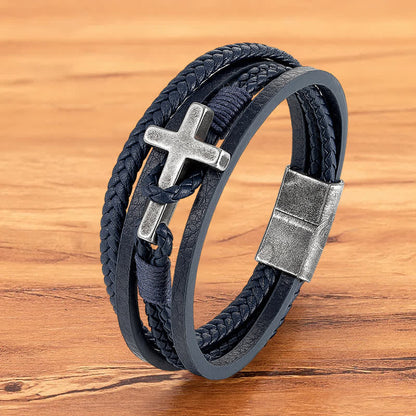 Tri-Color Cross & Leather Bracelet
