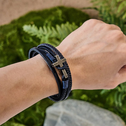 Tri-Color Cross & Leather Bracelet