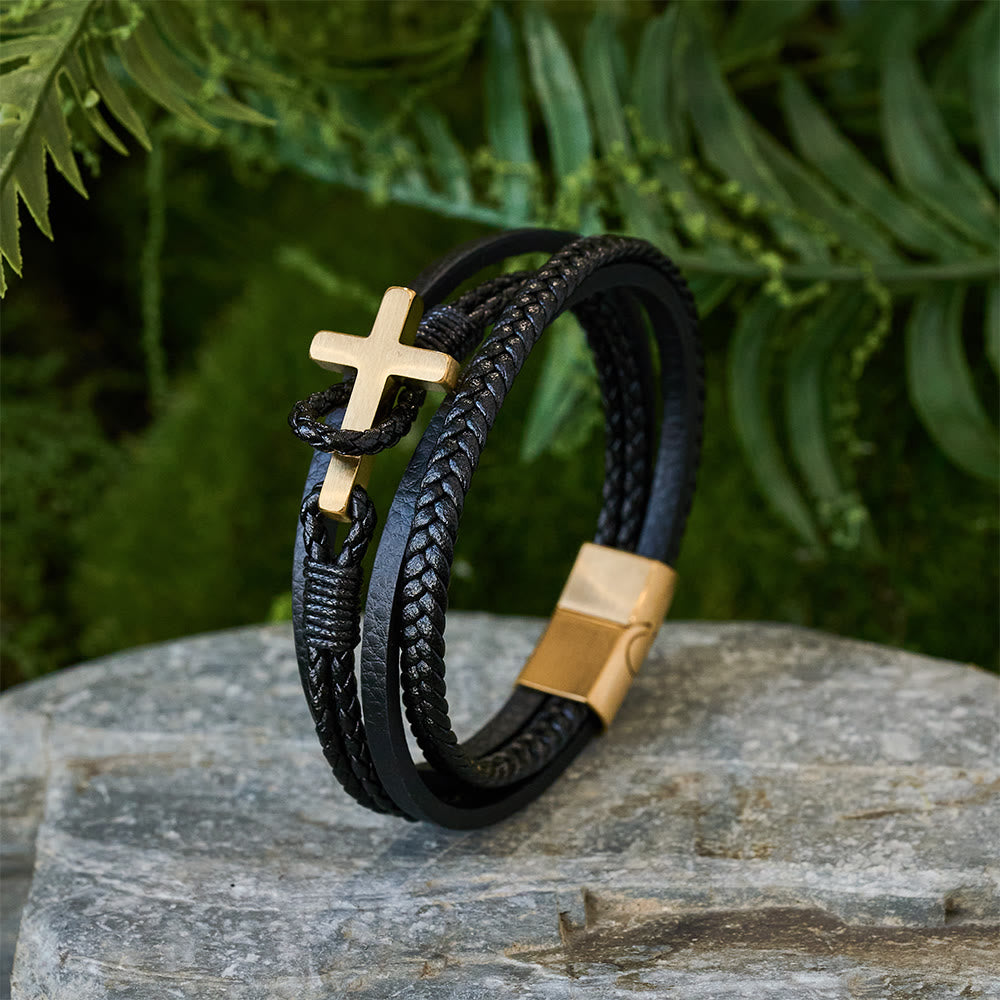 Tri-Color Cross & Leather Bracelet