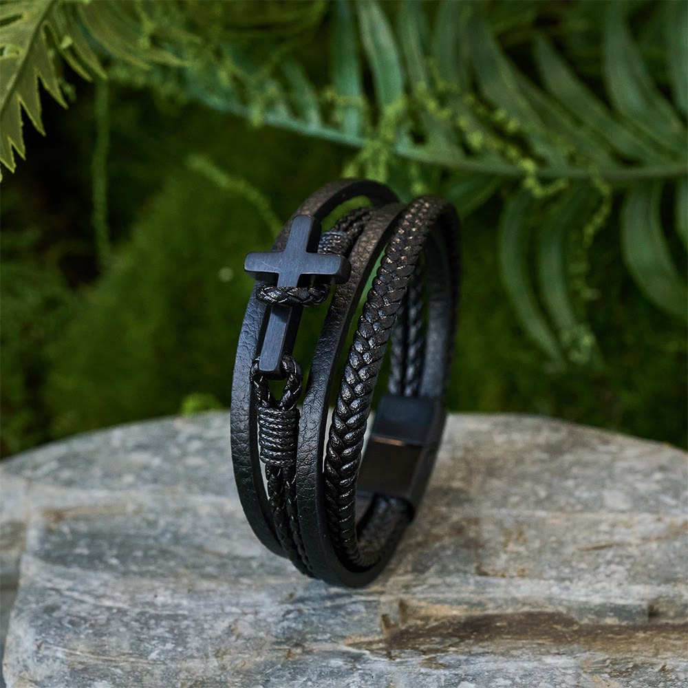 Tri-Color Cross & Leather Bracelet