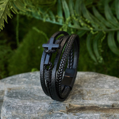 Tri-Color Cross & Leather Bracelet