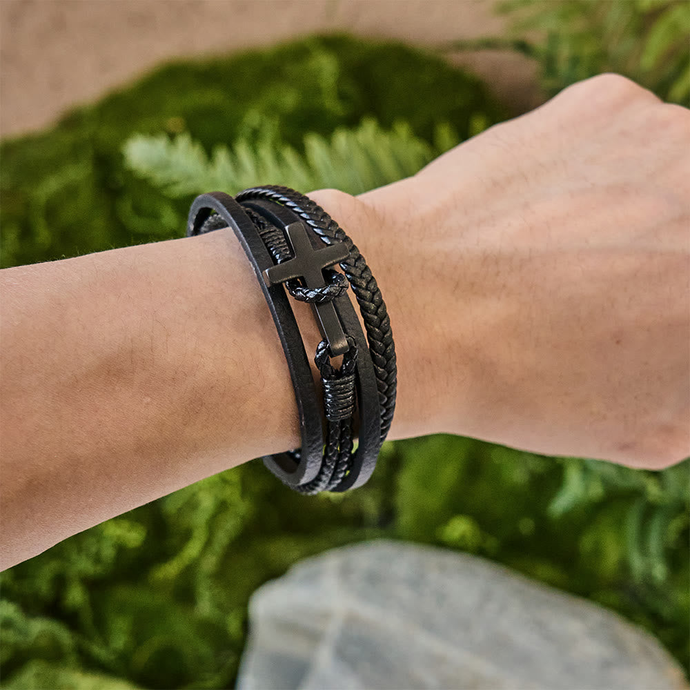Tri-Color Cross & Leather Bracelet