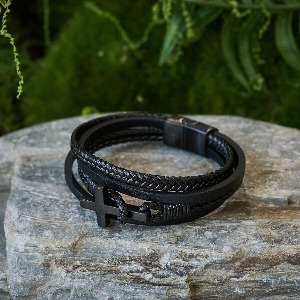 Tri-Color Cross & Leather Bracelet