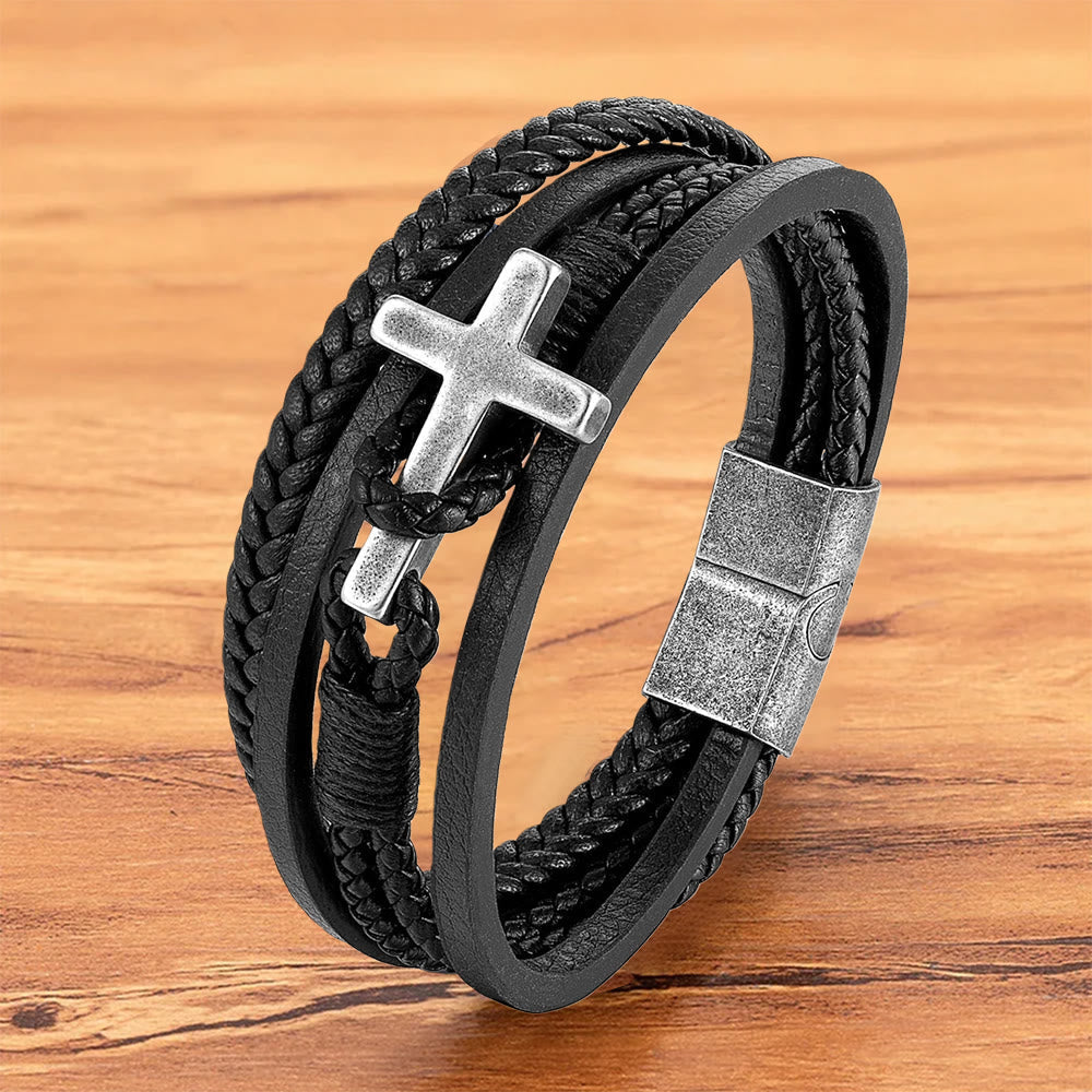 Tri-Color Cross & Leather Bracelet