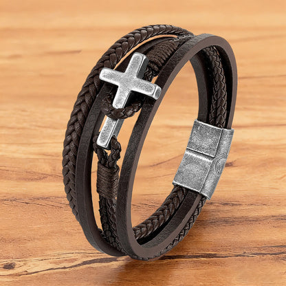 Tri-Color Cross & Leather Bracelet